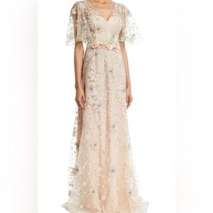 David Meister Flutter Sleeve Embroidred Gown